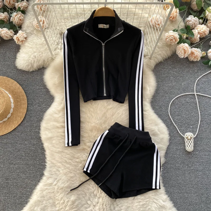 Basics Long Sleeves Vintage Stand Collar Chic Patchwork Striped Zipper Coat Slim High Waist Short Pants High Street Autumn Sets