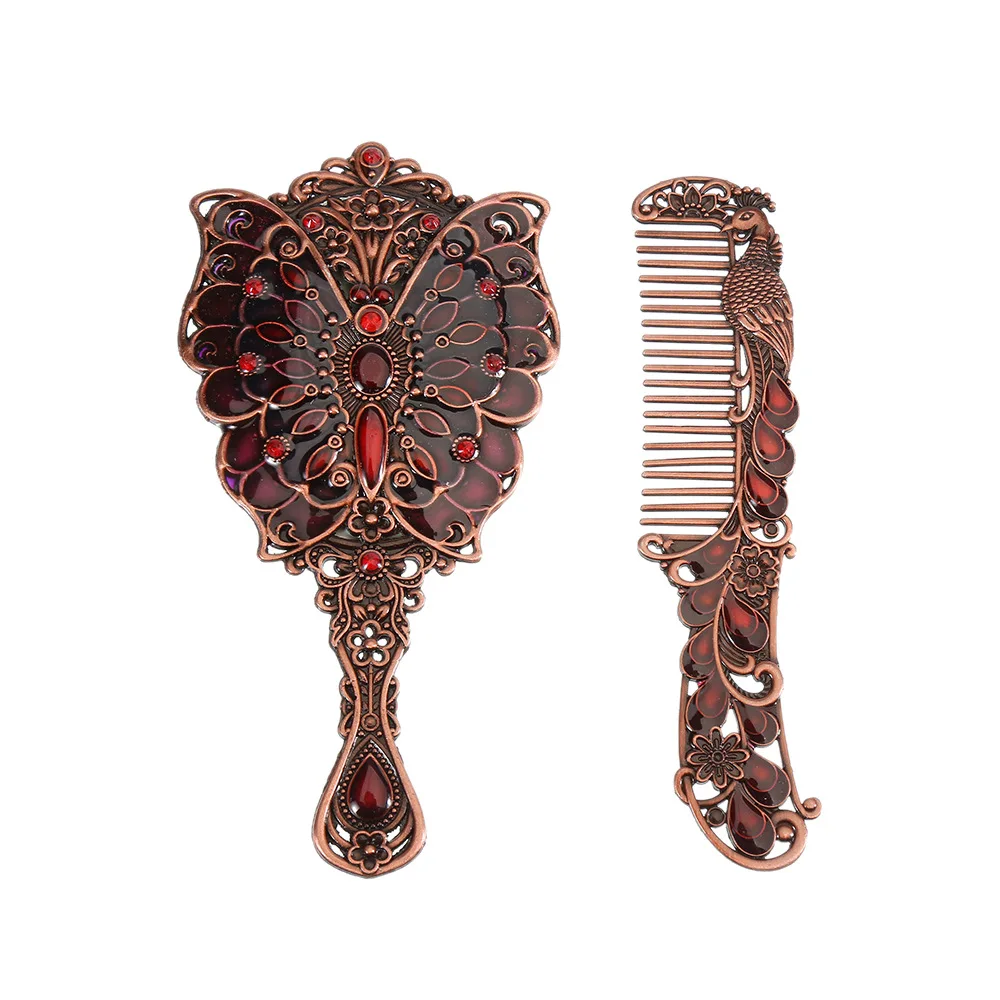 Creative Retro Butterfly Small Mirror Portable Retro Small Handle Mirror Set with Comb Festival Commemorative Gift Makeup Mirror