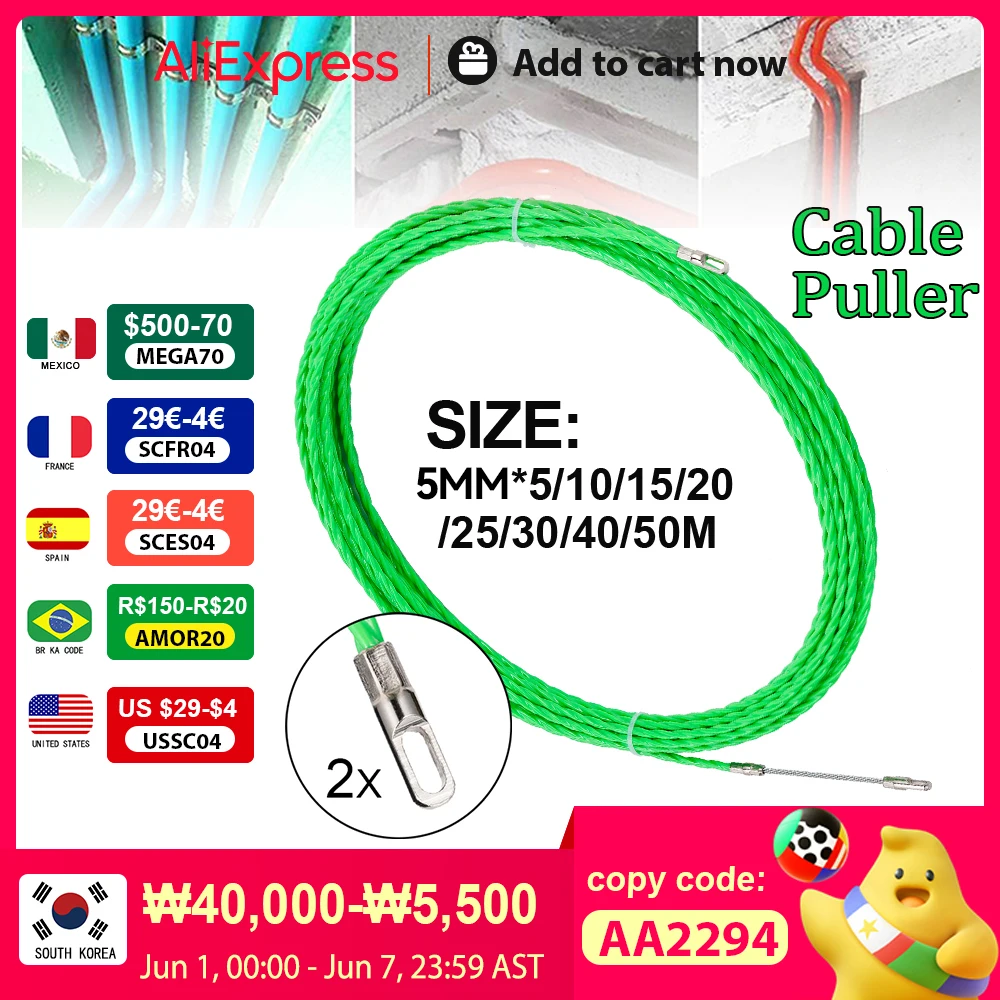 Extractor de Cable verde, carrete de correa, fibra de vidrio para telecomunicaciones, accesorios de herramientas de conducto de Cable de pared eléctrico, 5MM, 10-50M