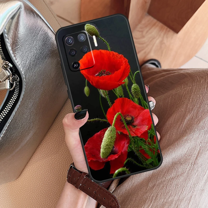 Red Corn Poppy Flower Cover Case For OPPO A78 A98 A54 A74 A94 A16 A76 A96 A15 A17 A77 A52 A72 A5 A9 A53 A54s A57s