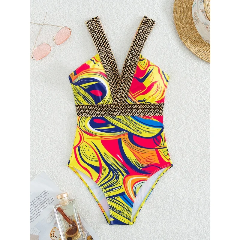 

Vintage Irregular Print Swimwear Women V Neck Hollow Out Backless High Waist One Piece Swimsuit 2025 New Beach Sexy Bathing Suit