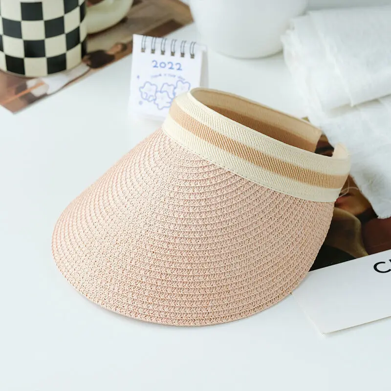 2023 Summer Hat One Size Women Sun Hats Handmade Lafite Grass Straw Visor Caps Empty Top Hat Outdoor Uv Protection Beach Cap