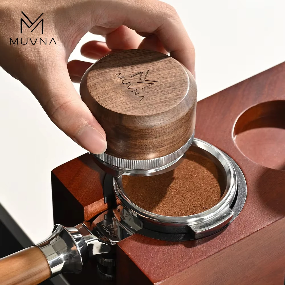 MUVNA Walnut Espresso Coffee Distributor 51mm 53mm 58mm Adjustable Height Coffee Leveler 304 Stainless Steel Base Barista Tool