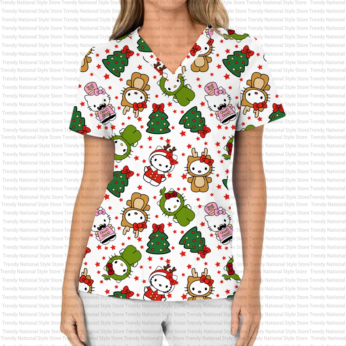 ファッション女性用作業服ファインマットトップ、ハローキティVネックポケットTシャツ、パーソナライズプリント入りビューティーサロンTシャツ