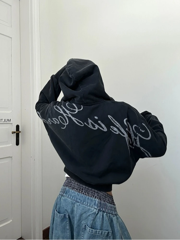 

Autumn/Winter Ins Fashion Trendy Brand High Street Gothic Letter Printed Design Zipper Hoodie Retro Hoodie