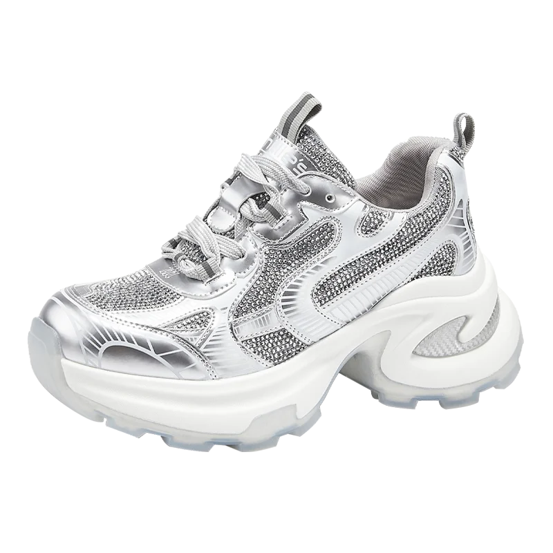 

Silver Sparkling Diamond Daddy Shoes for Women's Thick Soled Height Increasing Shoes Casual Comfortable Breathable Sports Shoes