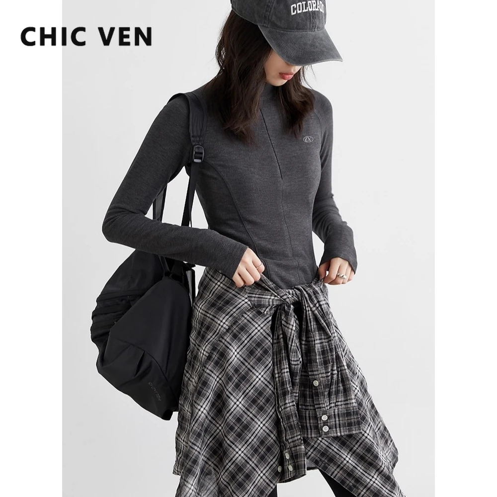 

CHIC VEN новые женские футболки, однотонный тонкий пуловер с полувысоким воротником, базовые футболки с длинными рукавами, женский топ, спортивный весна-осень 2025