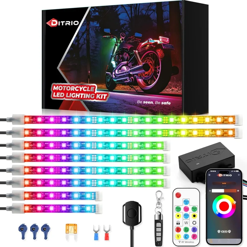 

Eight Piece Motorcycle LED Kit with Brake Turn Underglow RGB APP Remote Dual Zone Waterproof 12V