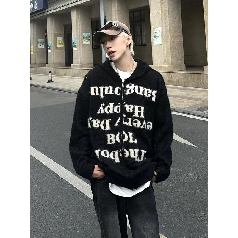 

Men's Letter Embroidered Hole Knitwear Cardigan Hooded Stand Collar Spring Autumn Sle Casual Comfortable Loose Fit Long Sve