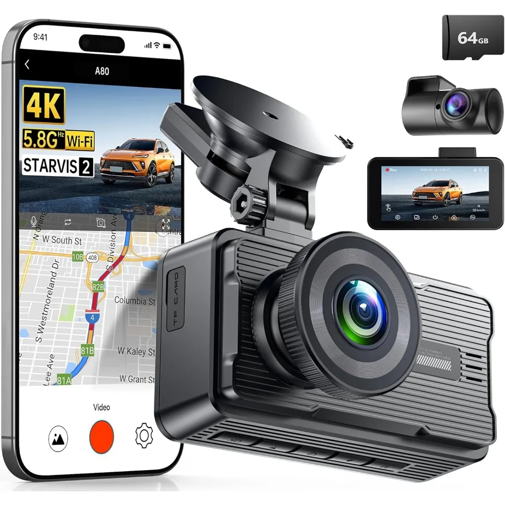 كاميرا JOMISE 4K Dash Cam الأمامية والخلفية مع نظام تحديد المواقع WiFi 5Ghz، كاميرا داش مزدوجة مع بطاقة 64 جيجابايت، 3 شاشات، رؤية ليلية، وضع وقوف السيارات على مدار 24 ساعة - إعادة #1