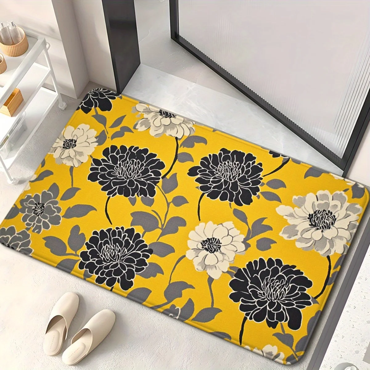 1pc Yellow floral patterned polyester doormat, machine washable, suitable for bedroom and living room entrances.