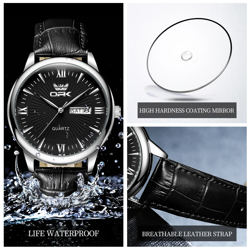 Opk 6014นาฬิกาควอทซ์ผู้ชายใหม่นาฬิกาแฟชั่นสองปฏิทินกันน้ำของแท้สายนาฬิกาหนังหรูหรานาฬิกาข้อมือสำหรับผู้ชาย