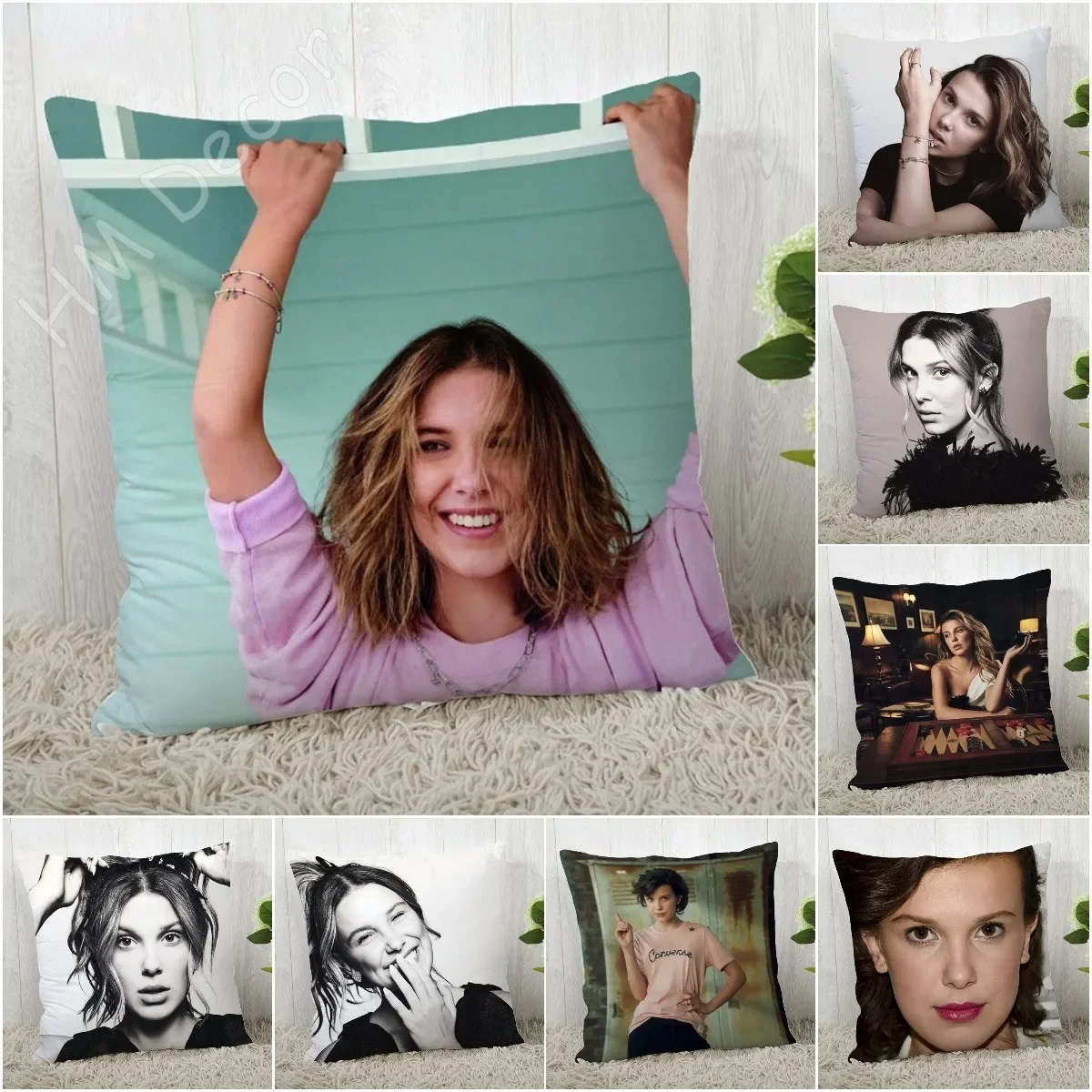 Soft Cozy Cushion Cover Customize Millie Bobby Brown Pillowcase Home Decorative Cotton Pillow Case for Sofa Bed 18x18 Inch