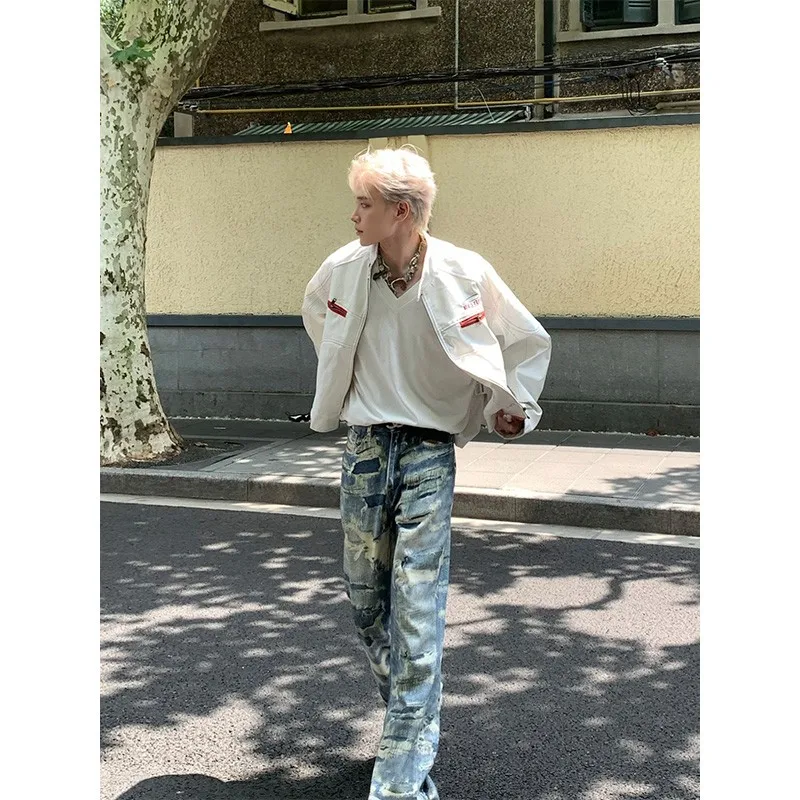 سترة جلدية للسباق من American High Street للرجال من Street Sle فضفاضة ومطرزة راقية ومطرزة للدراجات النارية للشباب #5