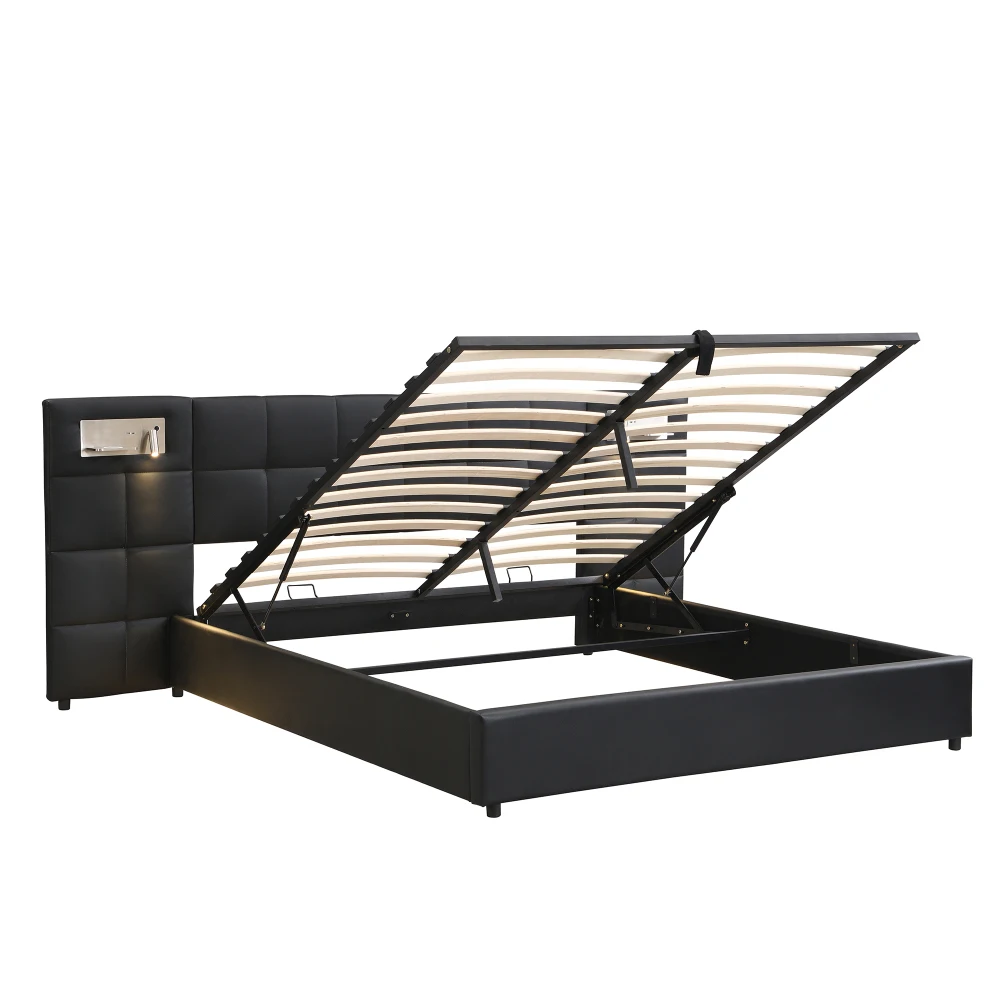 180 X 200cm Upholstered Bed, Hydraulic Bed ,with USB Port & Wireless Charging & Illuminated Lamp, Wooden Tray Support, Linen