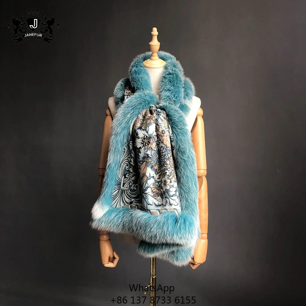

2021 Elegant Women Factory Direct Real Fox Fur Trim Cashmere Shawl And Scarf With Real Silk