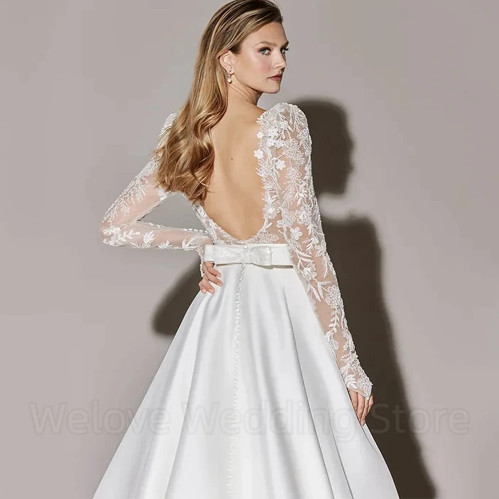 Exquisito vestido de novia de manga larga con cuello redondo, apliques de tul de ilusión, espalda abierta Sexy con lazo y botones, vestidos de tren de barrido