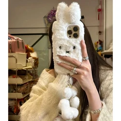 Plush Cute white Rabbit with Lanyard Phone Case for IPhone16 15 14 13 Pro Max Soft Fur Anti-drop high quality Protective Cover