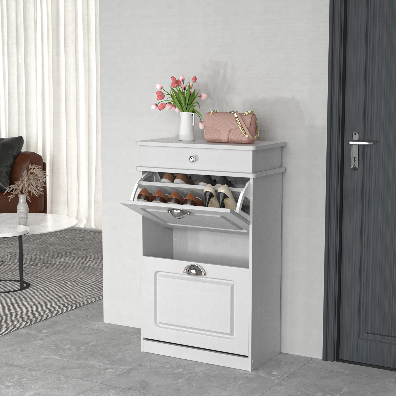 Scarpiera con 2 ante e 4 scomparti - scaffale stretto - per ingresso, corridoio - 53x24x85 cm - bianco/nero/grigio