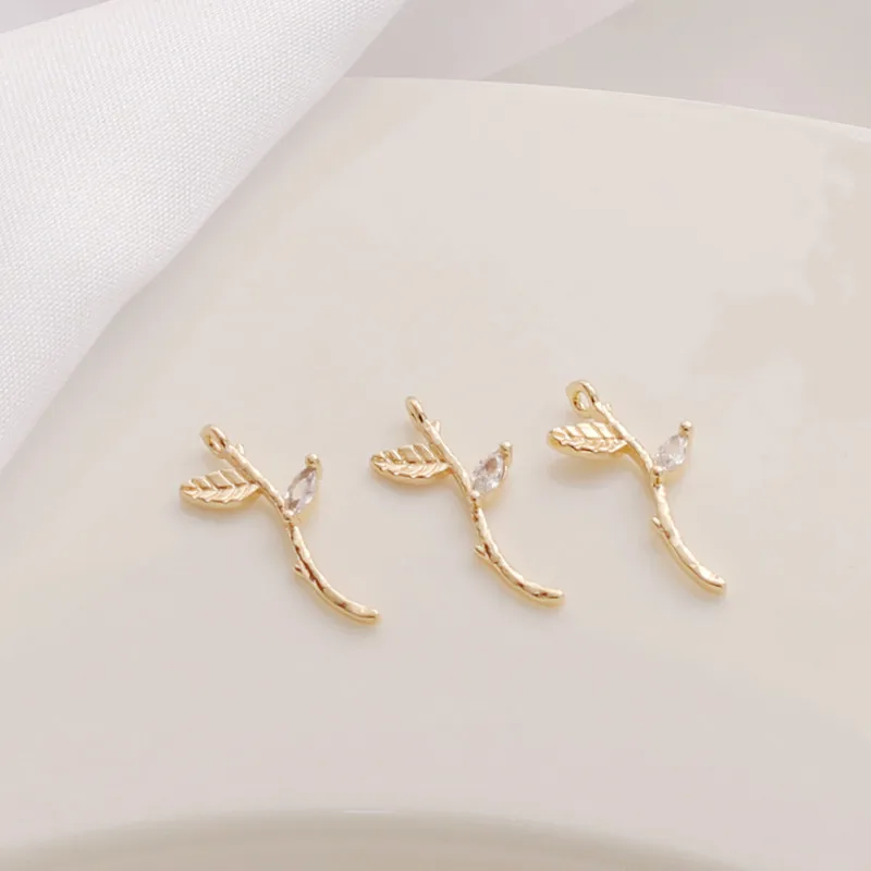 14K Copper Gold Plated Zircon Branch Leaf Pendant DIY Earrings Bracelet Necklace Jewelry Making Accessories