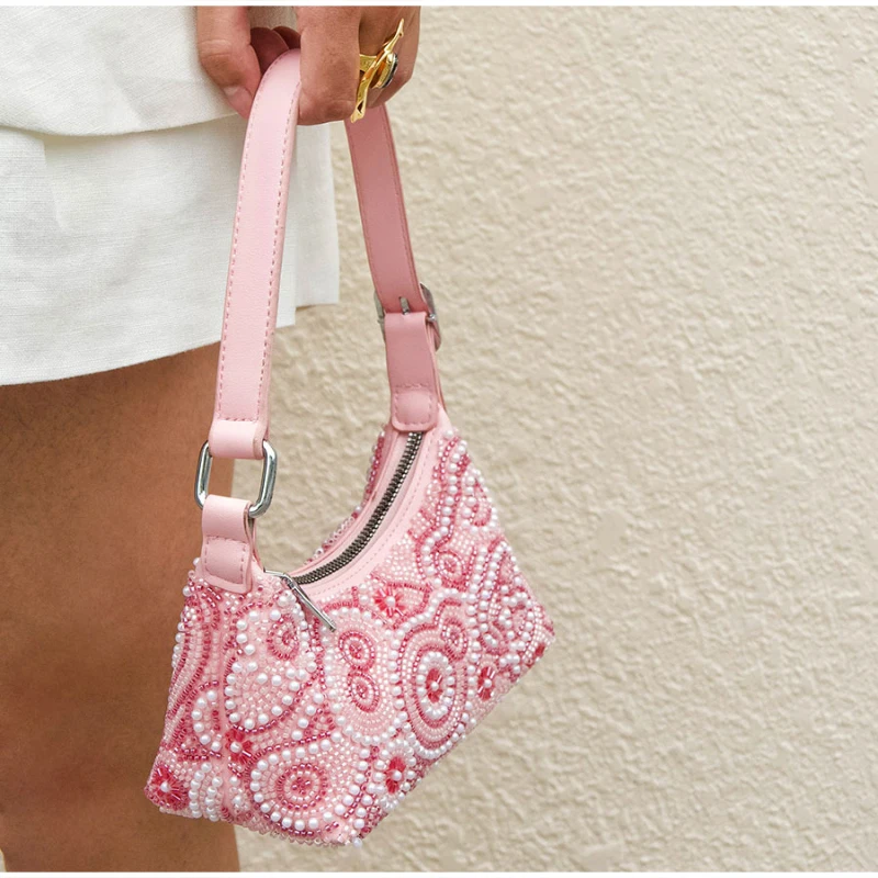 Luxuriöse Perlenverzierte Handgefertigte Stofftasche mit Blumenmuster, Vintage-Handtasche, Elegante Leichte Abendtasche für Damen – Detail 7