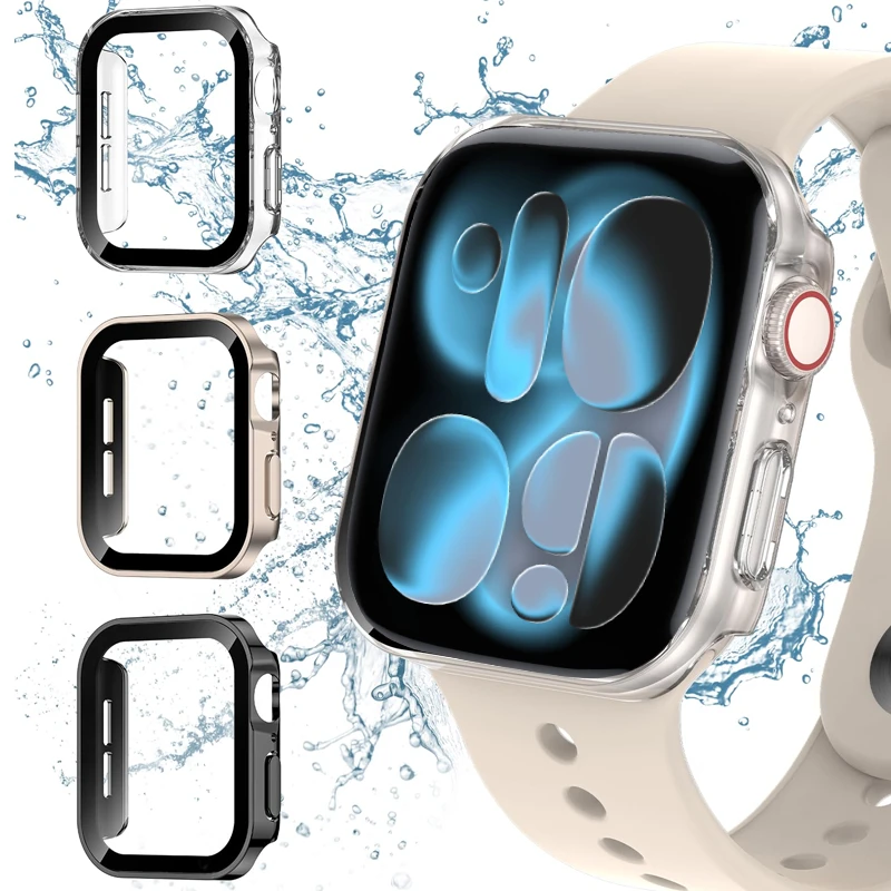 Glas+Hülle für Apple Watch 42mm 46mm 45mm 41mm 44mm 40 mm mit gerader Kante, Displayschutzfolie, Schutzhülle für iWatch SE 5 6 7 8 9 10 11
