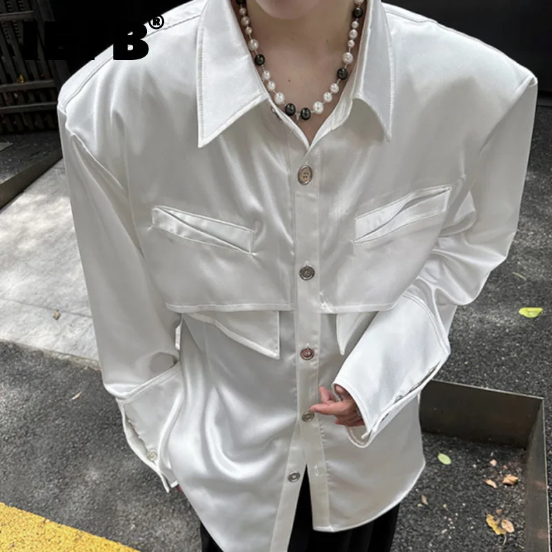 

IEFB Pearlescent Texture Vintage Mne's Wear Long Sleeve Shirt Solid Color Shoulder Pad Male Shirts 2024 Autumn White Top 9C6961