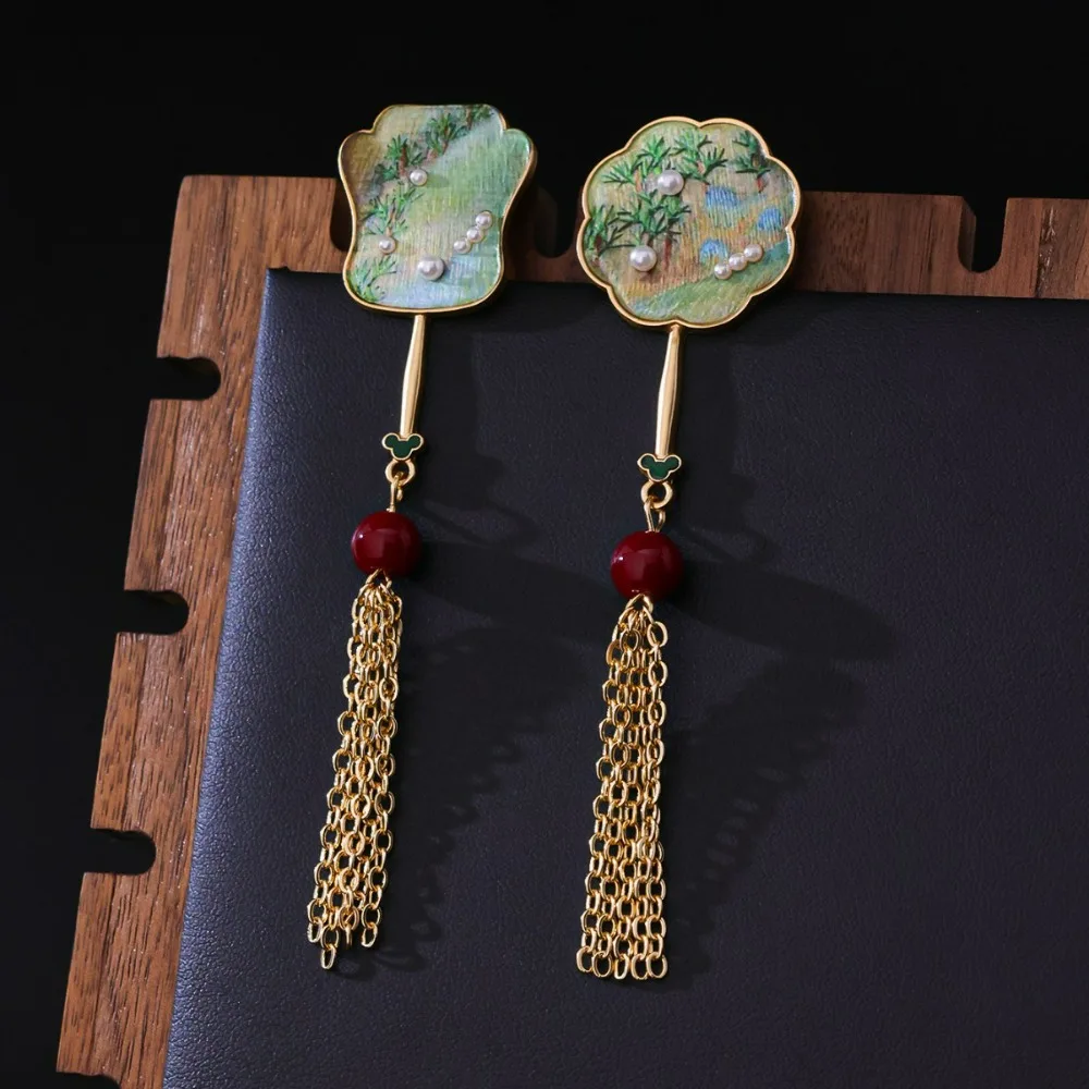 New Chinese Style Brocade Fan Chain Tassel Dangle Earrings Retro Style Simple Niche Versatile Exquisite Encrusted Glass Earrings