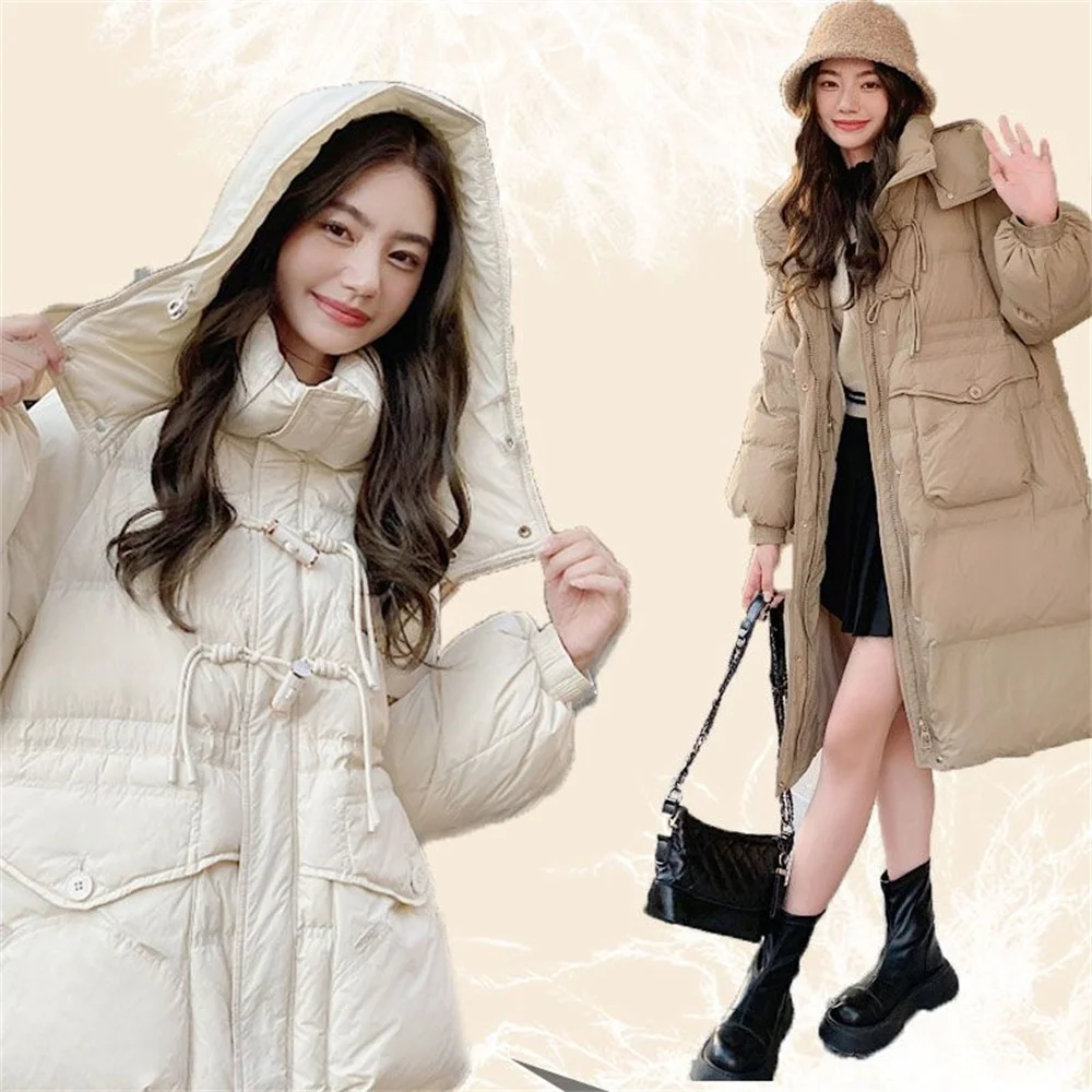 Tassel Cowhide Buckle Down Facket for Women's Winter New Mid Length Loose Hooded and Thickened D