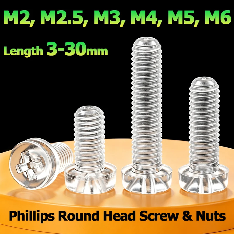 20/50/100Pcs M2 M2.5 M3 M4 M5 M6 Transparent PC Plastic Phillips Pan Head Screws & Hex Nuts Clear Nylon Cross Round Head Bolts