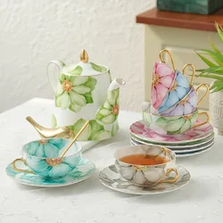 European Bone China Coffee Cup and Teapot Painted Flower Cafe Mug with dish British Afternoon Tea Set Porcelain Ceramic Cup