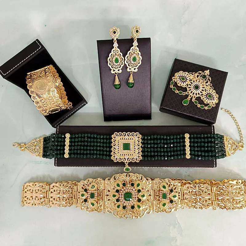 

Moroccan Women's Robe Belt Luxury Wedding Jewelry Golden Inlaid Green Stone Bracelet Pendant Earrings Brooch Neck Chain Set