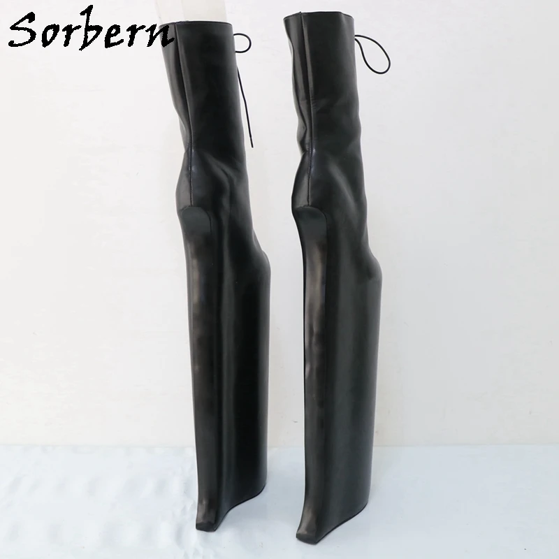 Sorbern 50cm High Heelless Mid Calf Boots For Women Wedge Platform Hidden Platform Black Drag Queen Booties Unisex Style