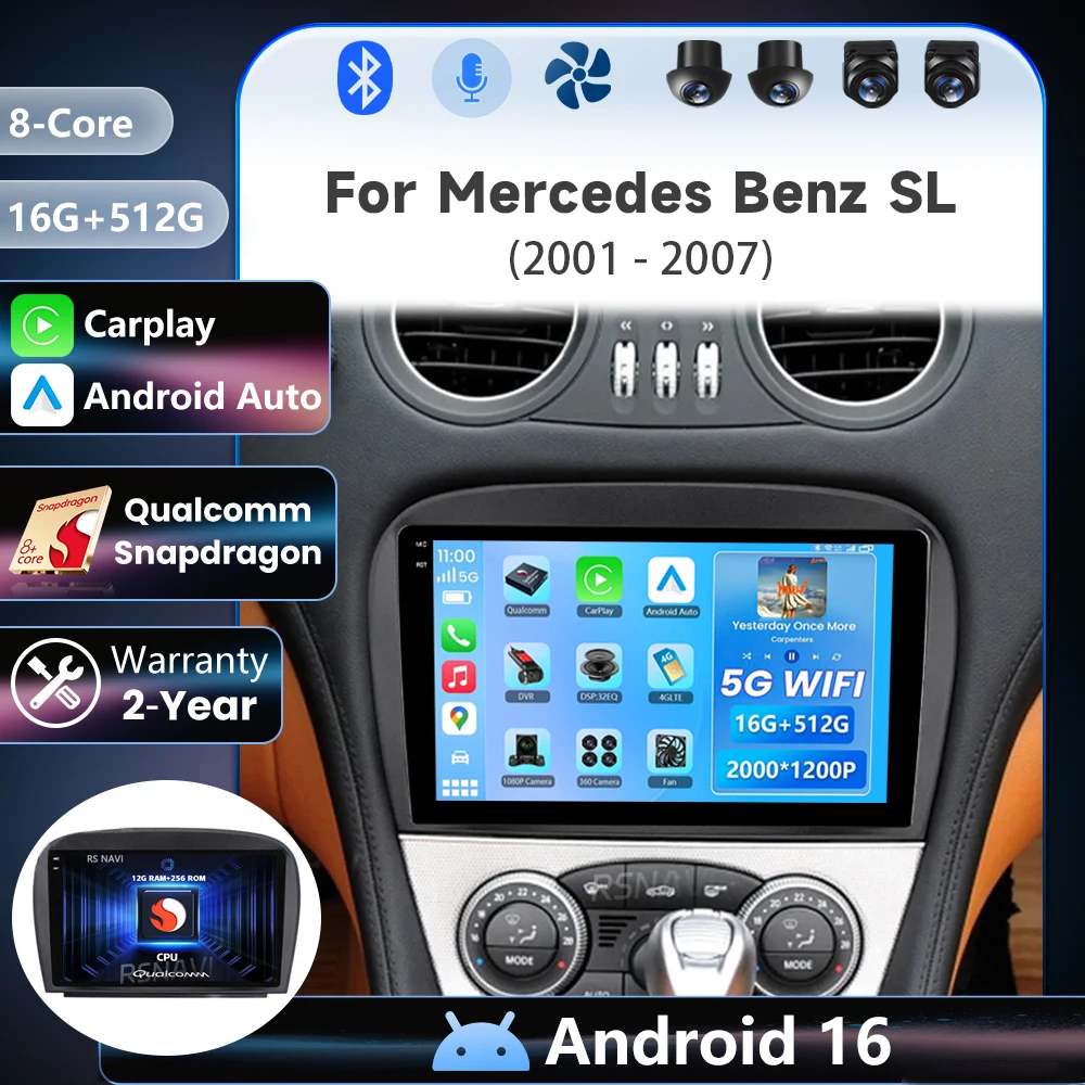 Android 16 Qualcomm Carplay für Mercedes-Benz SL R230 SL350 SL500 SL55 SL600 SL65 2001 2002 - 2007 Multimedia-Autoradio-Player