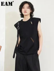 [EAM] Women Black Hollow Out Shoulder Padded Big Size T-shirt New Round Neck Sleeveless Fashion Tide Spring Summer 2024 1DF9989