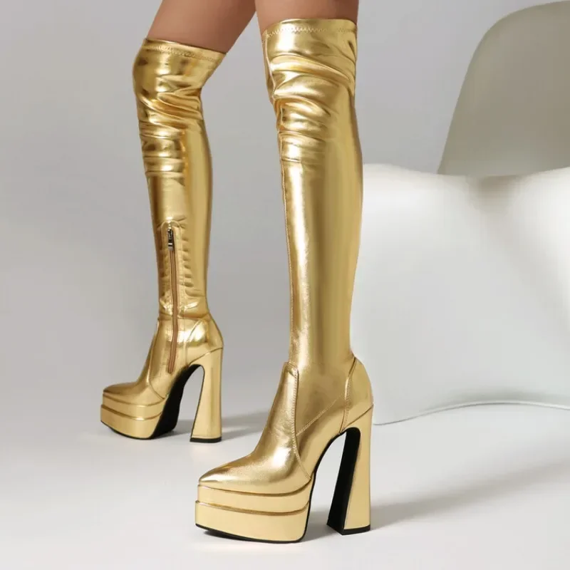 

New Gold Silver 14.5cm High Heels Over Knee Boots Women Fashion Steel Tube Pointed Waterproof Platform Long Boots Sizes 34-43