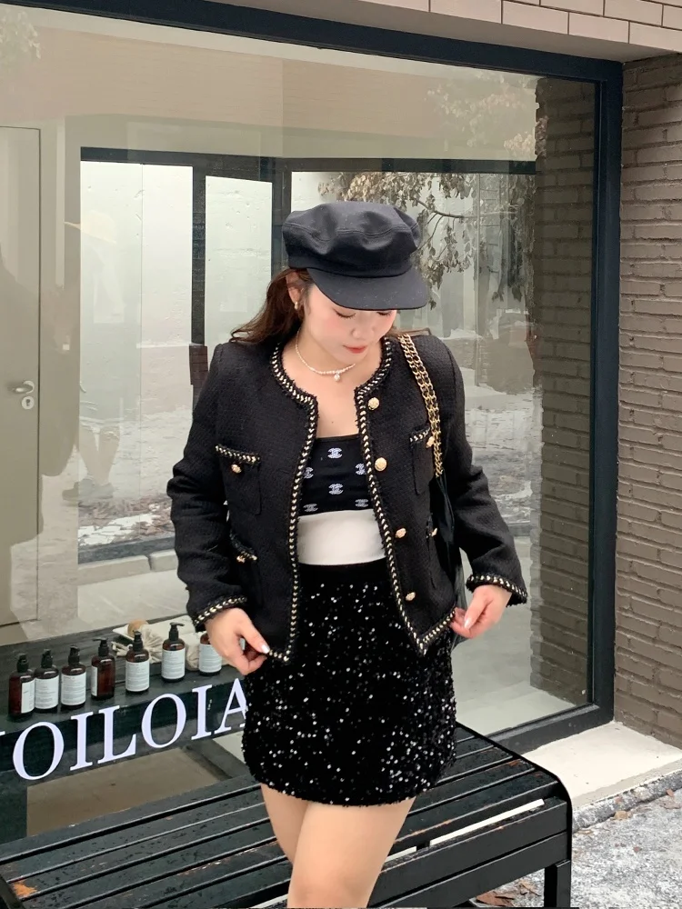 

Эффектное осенне-зимнее пальто большого размера из твида с узором «пять цветов», высокое качество...