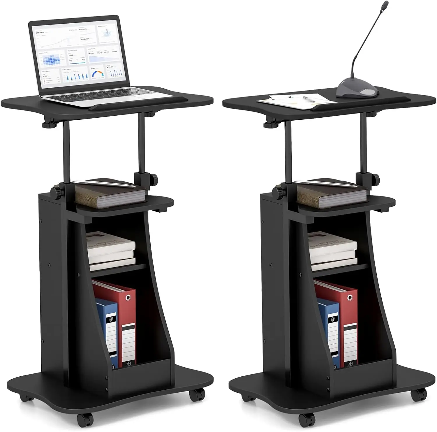 

Mobile Podium Stand Set of 2, Height Adjustable Laptop Cart with Tilting Tabletop & Storage Compartments, Rolling Lectern wit