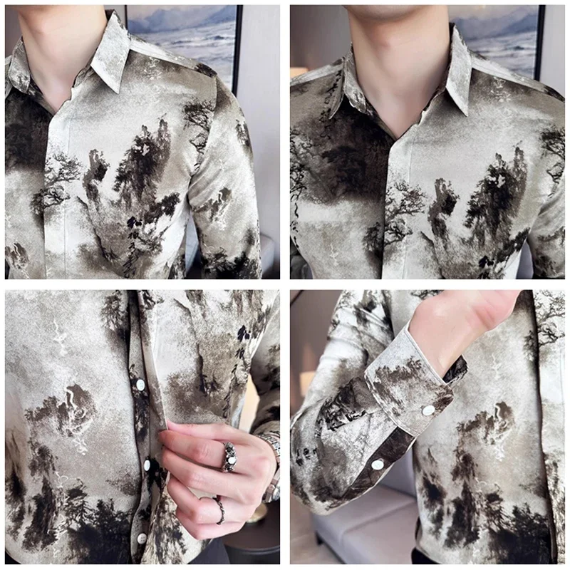 Chemise à manches longues imprimée de peinture à l'encre de style chinois rétro pour hommes, chemise élégante à boutonnage simple, streetwear d'automne, grande taille