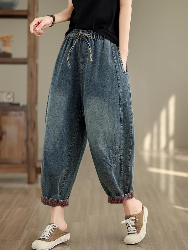 Jeans da donna retrò in cotone pieno Patchwork di colori estivi Pantaloni di cavolo a nove punti Pantaloni Harlan Pantaloni a gamba dritta a vita alta