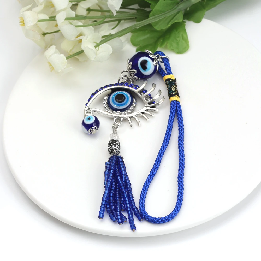 Lucky Eye Alloy Turkish Evil Eye Wall Hanging Glass Bead Rope Chain Tassel Keychain for Women Men llavero porte clé מחזיק מפתחות