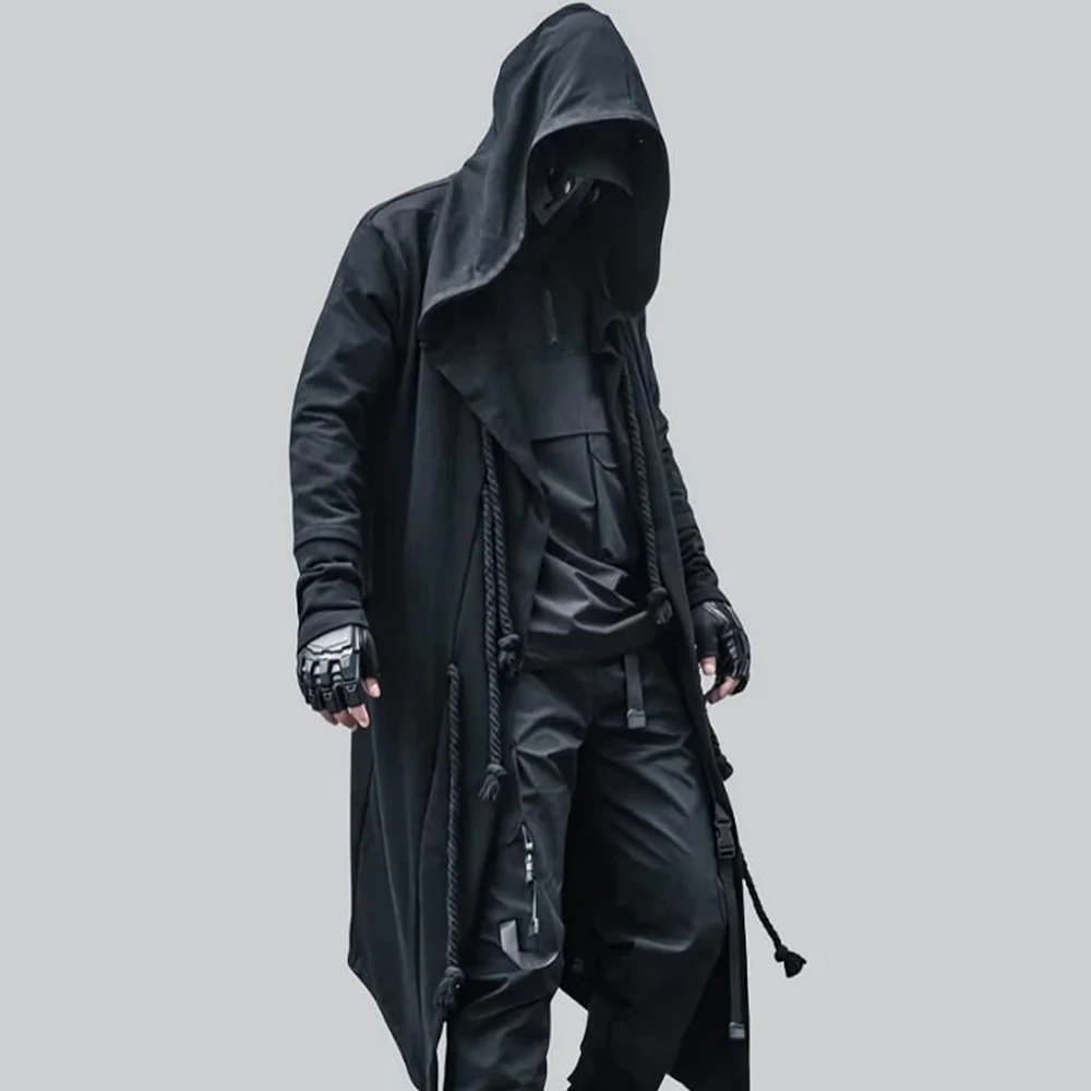 Mens Spring Cotton Trench Coat Dark Drawstring Casual Hooded Cape Streetwear Fashion Niche Versatile Top Men'S Wear 2026 New