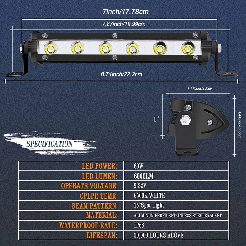 7 Inch Slim Single Row Led Light Bar 60W Low Profile Led Spot Straight Lights for Car Truck Off Road Jeep Bumper Driving Lamps