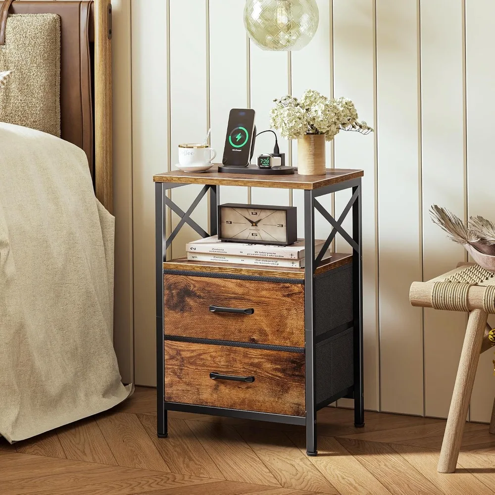 Nightstand Set of 2 with Charging Station, USB-C Port, End Tables for Bedroom