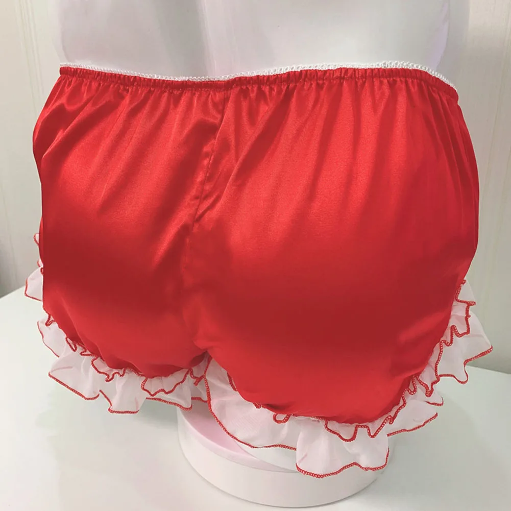 

Men Sissy Briefs Satin Ruffled Bloomer Tiered Skirted Oil Shiny Elasticity Panties Smooth Solid Underwear Large Size Gay Thong