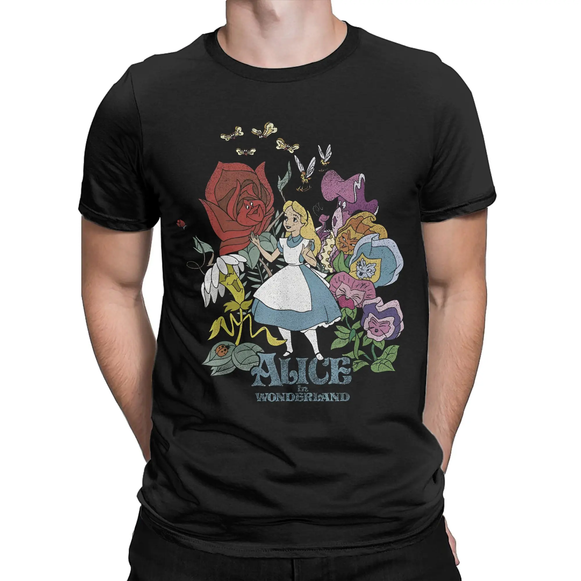 Men T-Shirt Alice In Wonderland Leisure Pure Cotton Tees Short Sleeve Walking Through The Flowers T Shirts Crewneck merchandise