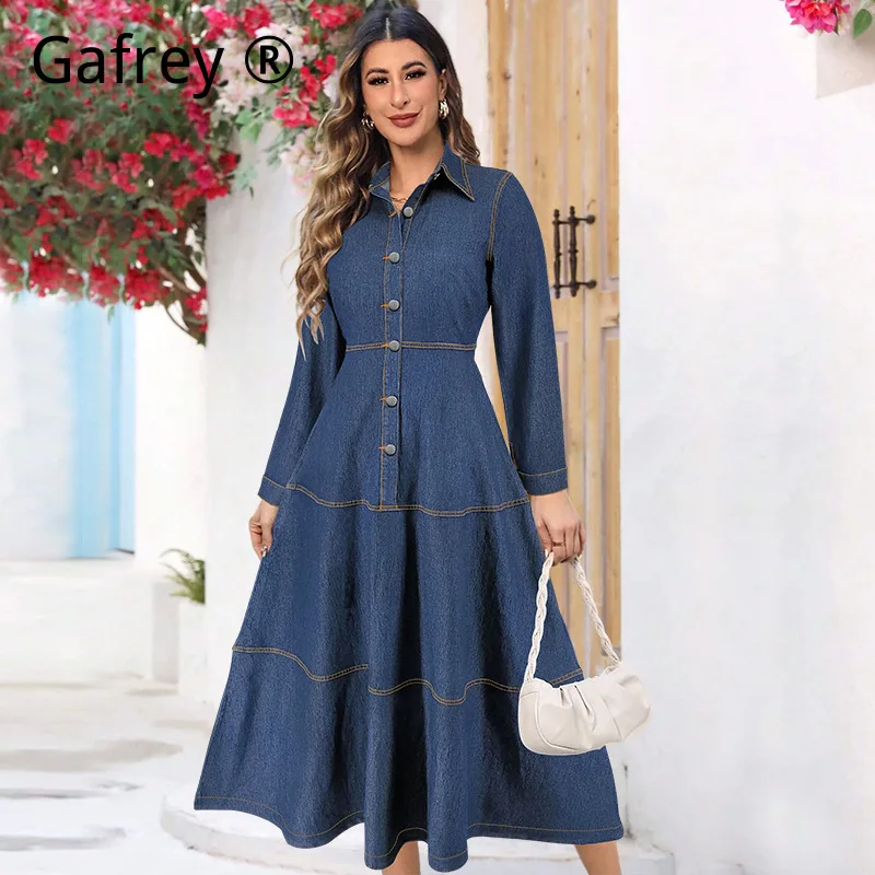 New Fashion Denim Jean Shirt Dress Long Sleeve Lapel Collar Waist Cinch Belted Maxi Dress Pockets Slim Fit Casual Vintage 2026