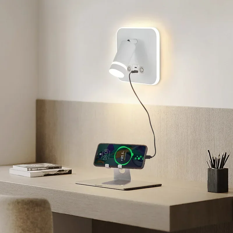 Lámpara de pared de lectura de Hotel moderna, aplique de luz LED regulable con interfaz USB con interruptores, cuerpo de Metal y lámpara decorativa de pantalla acrílica