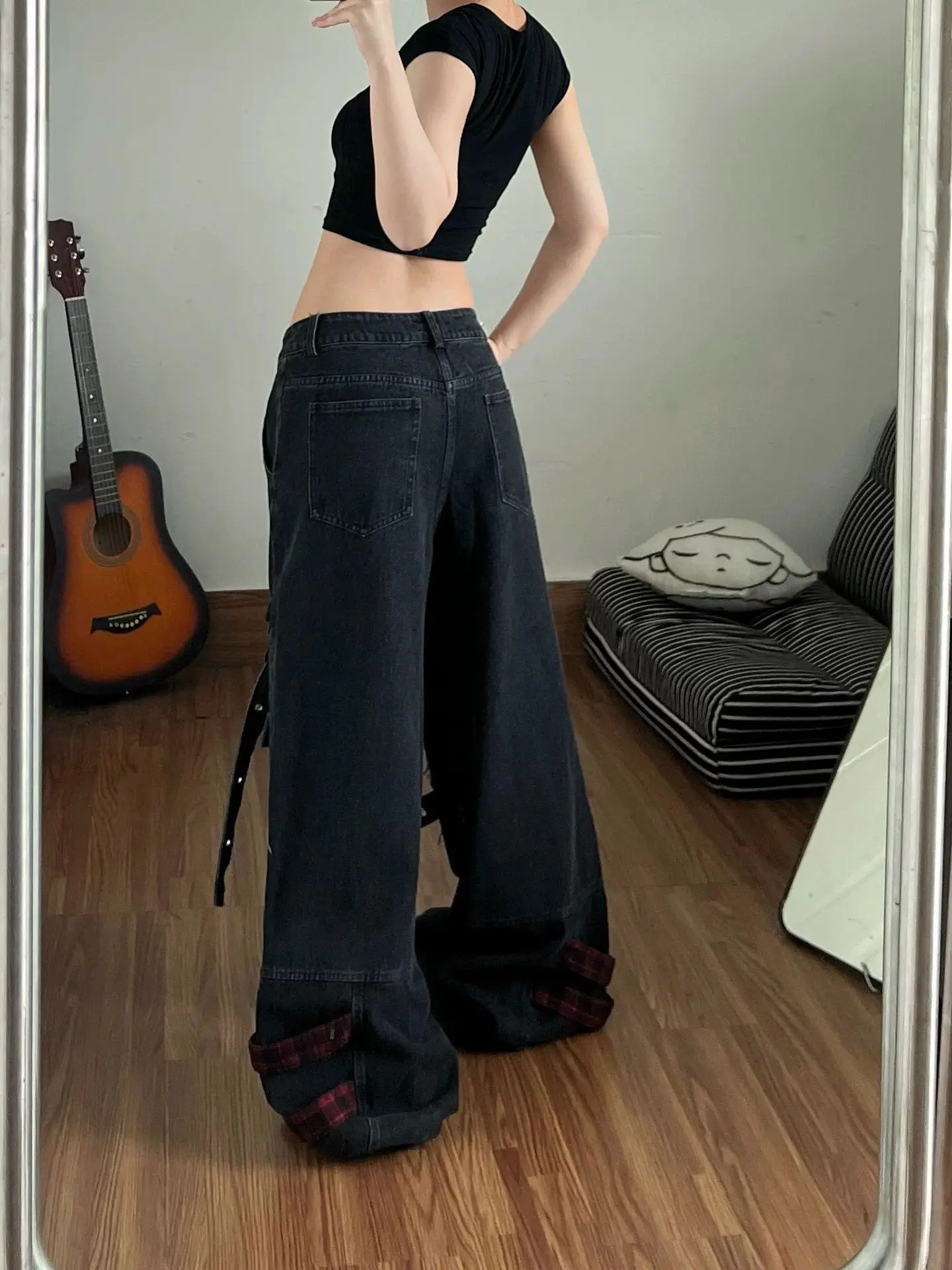 Black Punk Style Strap Design Jeans Women Summer Casual Fashion Loose Plaid Patchwork Hollowed Out Printed Cargo Denim Pants