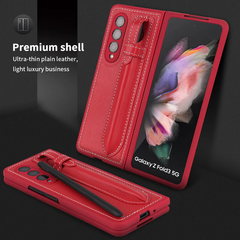 

New Z Fold 3 Funda Case for Samsung Galaxy Z Fold 3 W22 5G Pen Bag Retro Business Leather Coque Protection Phone Case Cover